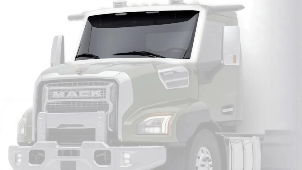 Transparent image of the front of a Mack Truck with a darkened windshield.