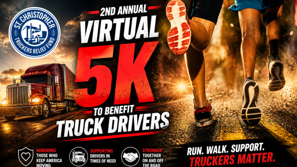 Graphic illustration of runners' feet on glowing pavement to the right, a big rig truck on the left, and headline for a virtual 5k to benefit truck drivers.