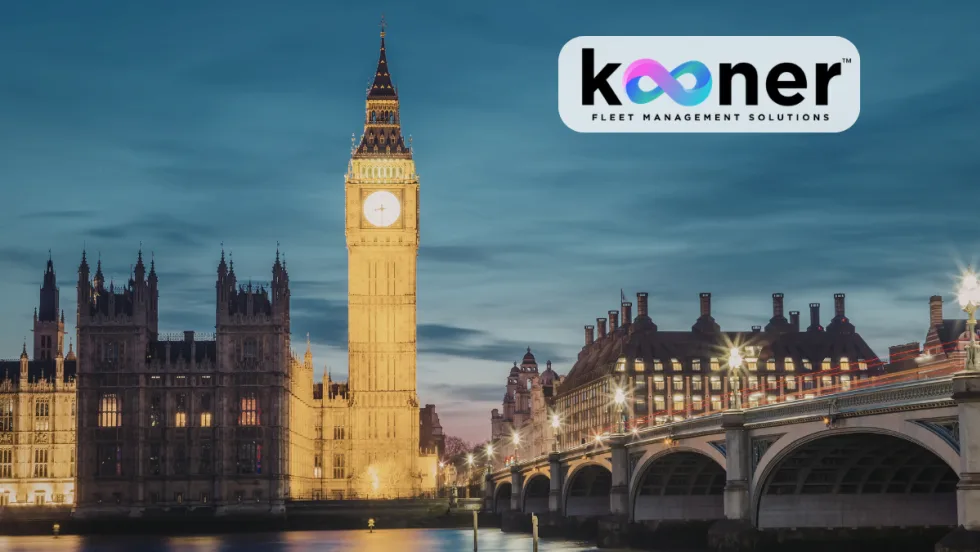 Skyline of London with a blue sky and an inset logo for Kooner.