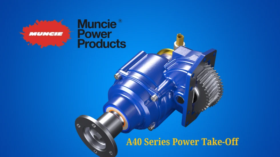 Image of blue power take off automotive part against a blue background and a logo for Muncie Power Products.