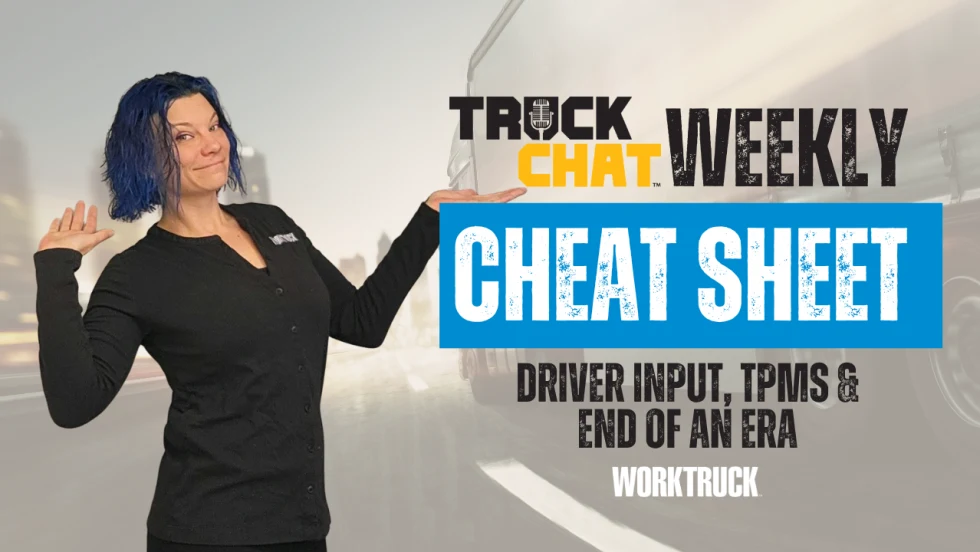 Host Lauren Fletcher gestures toward “Truck Chat Weekly Cheat Sheet” graphic highlighting driver input, TPMS benefits, and the end of International CV Series production.