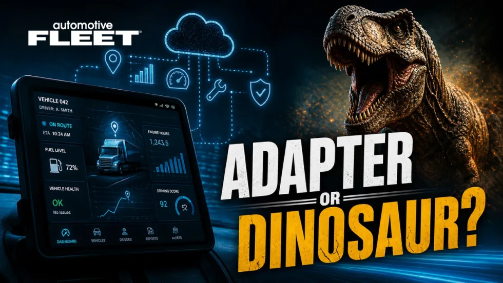 a split scene with a roaring dinosaur on one side and a fleet telematics dashboard on the other, with bold text reading “Adapter or Dinosaur?” and the Automotive Fleet logo in the corner.