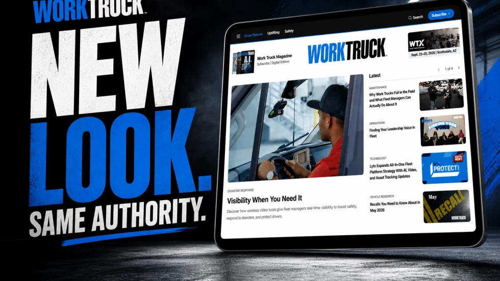 Work Truck Online relaunch announcement featuring bold “New Look. Same Authority.” text alongside a tablet displaying the redesigned website homepage.