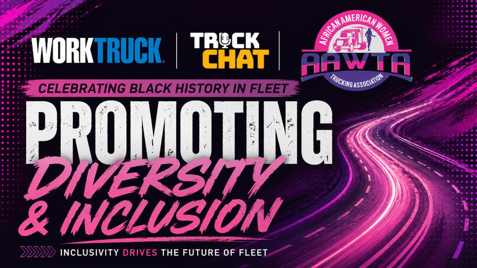 Bold YouTube thumbnail promoting a Black History Month fleet industry feature with Work Truck, Truck Chat, and AAWTA branding. Neon pink and purple roadway graphics frame large text reading “Promoting Diversity & Inclusion” and “Celebrating Black History in Fleet.”