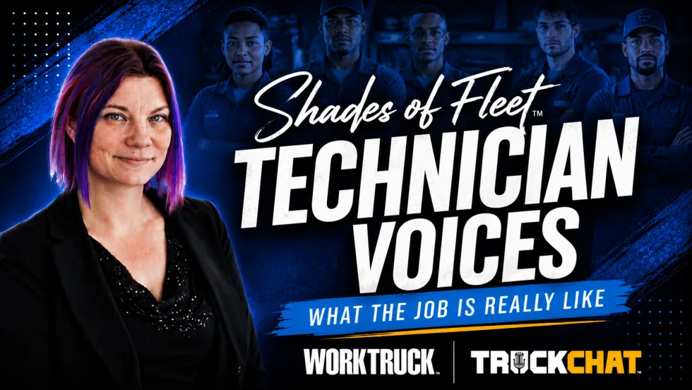 Shades of Fleet Technicians Voices What the Job is Really Like from Truck Chat with Lauren Fletcher blue background with mechanic 