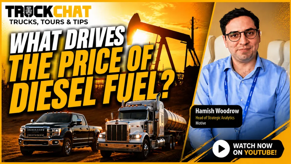 YouTube thumbnail featuring a dramatic orange-and-gold oilfield sunset with a large oil pumpjack in the background. In the foreground are a black diesel pickup truck and a silver fuel tanker semi-truck positioned along the bottom of the image. Large bold text in white and yellow reads “WHAT DRIVES THE PRICE OF DIESEL FUEL?