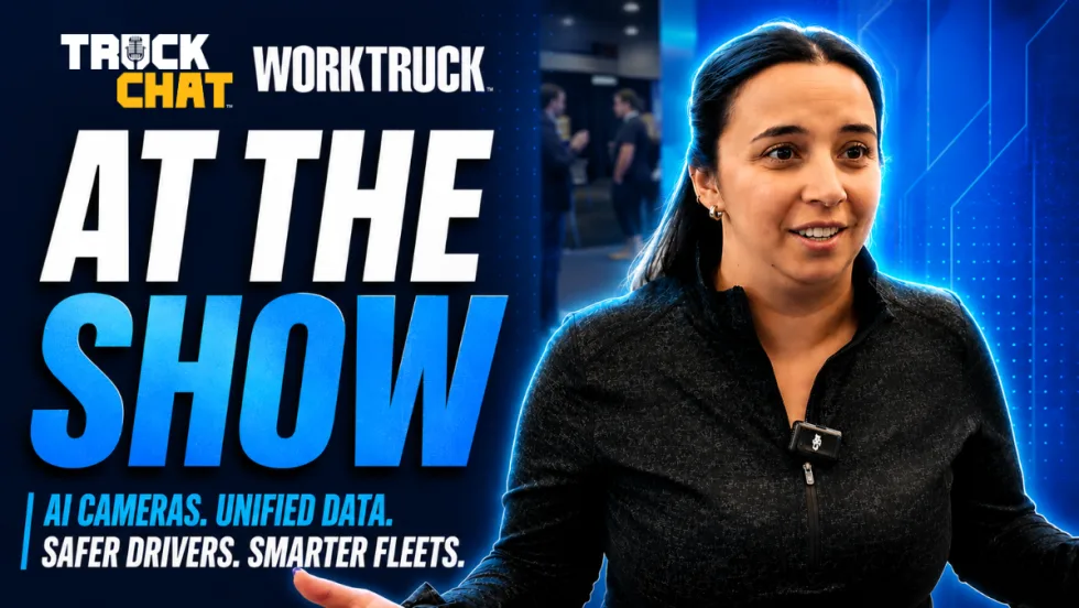 Thumbnail featuring IntelliShift team discussing AI-powered fleet cameras, telematics, driver safety, and connected fleet technology at an industry trade show.