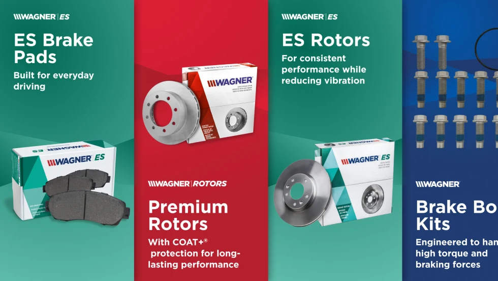 Promotional graphic showing Wagner ES brake pads, premium rotors, ES rotors and brake bolt kits for commercial vans and heavy-duty work truck applications.