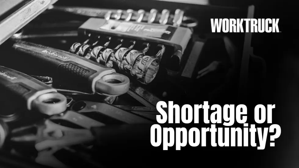 Black-and-white Work Truck graphic showing a close-up of tools and socket wrenches with the text “Shortage or Opportunity?” on the right.