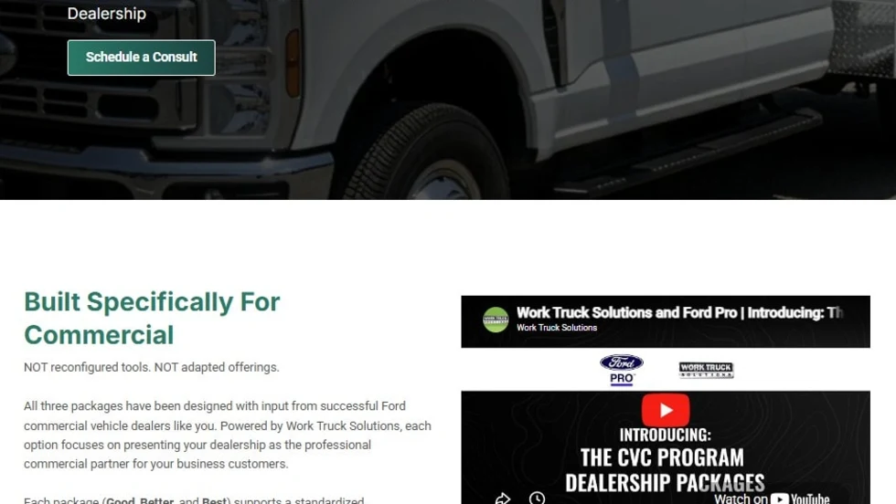 Screenshot of the Work Truck Solutions website promoting Ford Pro CVC dealer packages. The page features a commercial truck background image, marketing text about growing commercial business, navigation links, a consultation button, and an embedded YouTube video.