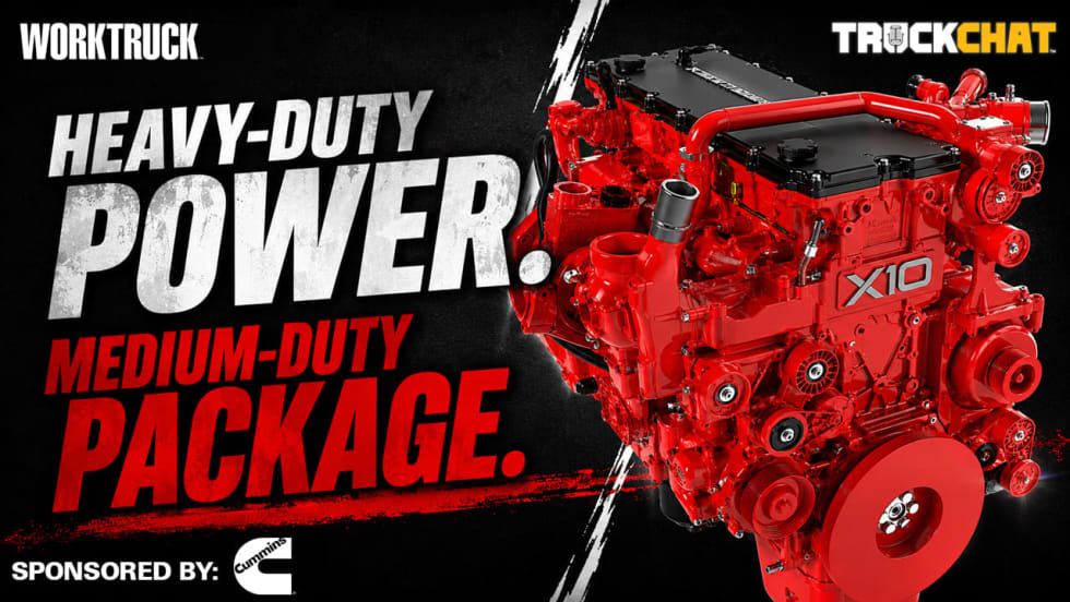 Promotional graphic for a TruckChat video featuring the bright red Cummins X10 engine on a black background with bold text reading “Heavy-Duty Power. Medium-Duty Package.” Sponsored by Cummins.