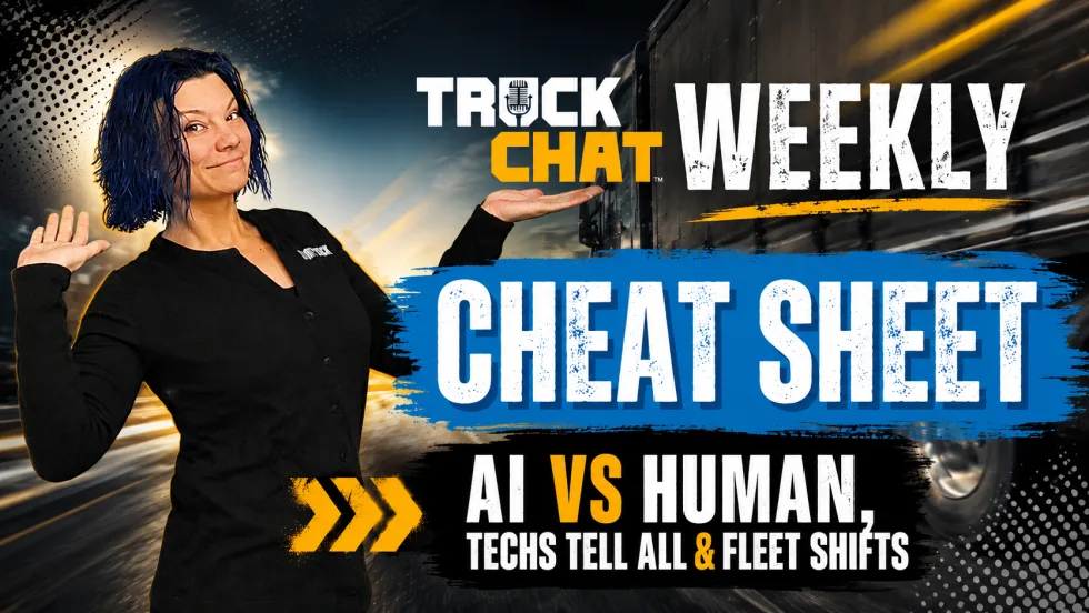 Lauren Fletcher poses beside a bold “Truck Chat Weekly Cheat Sheet” graphic featuring headlines about AI, technician insights, and fleet industry changes against a moving truck background.