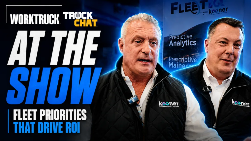Work Truck Truck Chat promotional graphic featuring two representatives from Kooner Fleet Management Solutions discussing fleet ROI, predictive analytics, preventive maintenance, and fleet priorities at a trade show.