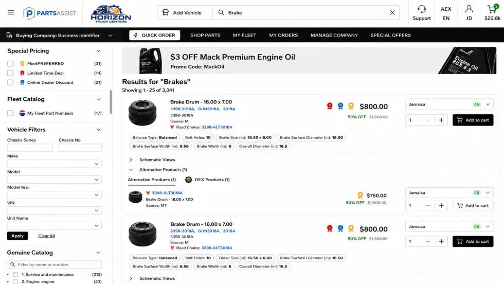 Screenshot of the PartsASIST online parts marketplace showing brake drum search results for Horizon Truck Centers. The interface includes product listings, pricing, filters, shopping cart options, and navigation menus for fleet and company management.