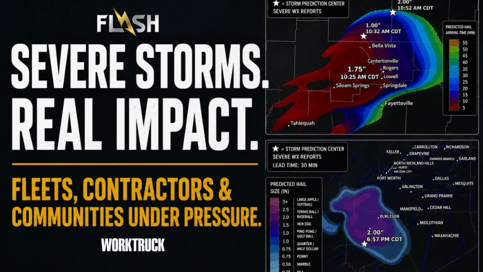 Graphic reading “Severe Storms. Real Impact.” beside two severe weather hail forecast maps.