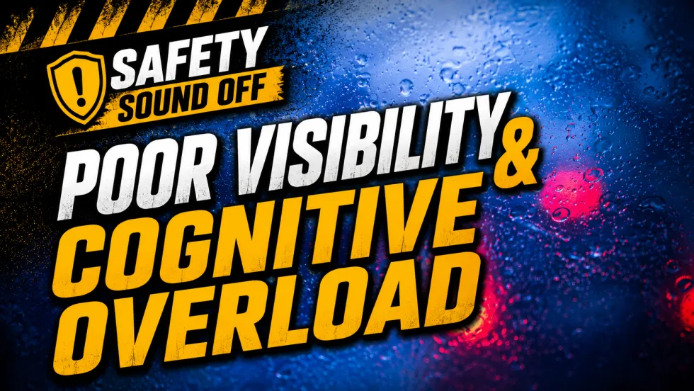 Graphic for “Safety Sound Off” featuring the headline “Poor Visibility & Cognitive Overload” in bold white and yellow text over a rain-covered windshield background with blurred taillights and caution-stripe accents.