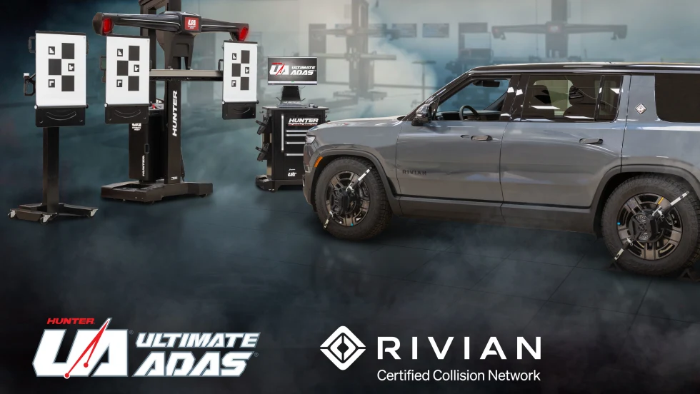 Rivian SUV positioned beside Hunter Ultimate ADAS calibration equipment inside a service facility. The image promotes Rivian Certified Collision Network services, with alignment targets, calibration tools, and brand logos displayed against a dark industrial background.