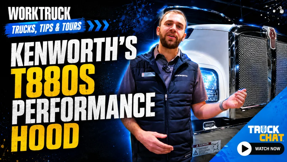 Man talking and gesturing in front of a large Kenworth truck, tinted blue in the background, and yellow headline Kenworth's T880S Performance Hood and logos for Truck Chat and Work Truck.