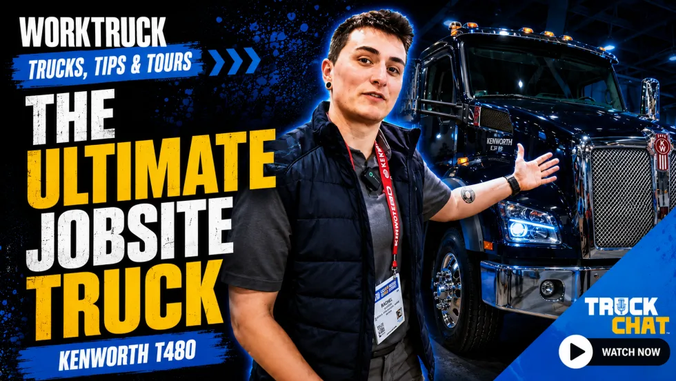 Person gesturing toward a big truck, tinted blue in background image, with yellow headline Kenworth's T480 and logos for Work Truck and Truck Chat.