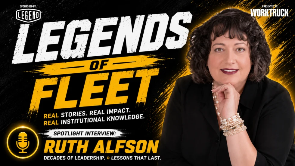 Promotional graphic for the “Legends of Fleet” interview series featuring fleet industry leader Ruth Alfson. The image includes bold yellow and white text on a black background with Work Truck and Legend branding, alongside a professional portrait of Alfson in a black blazer.