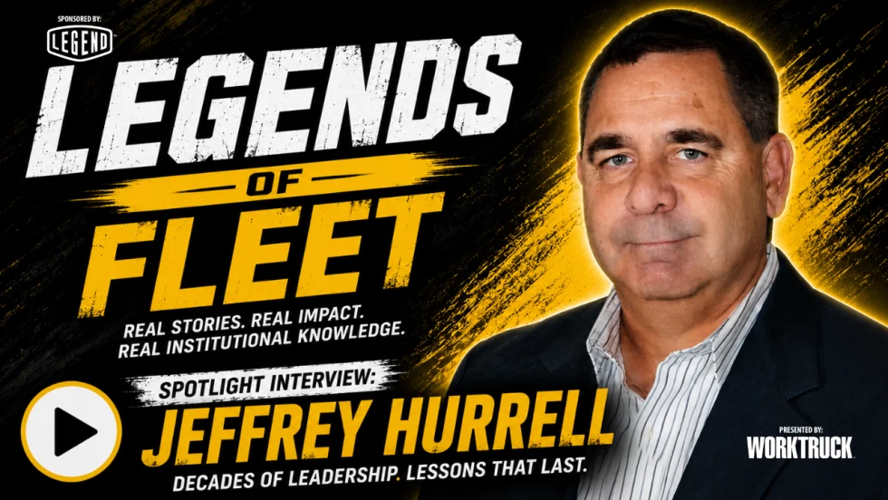 Promotional graphic for the Fleet Legends interview series featuring fleet industry veteran Jeffrey Hurrell. The thumbnail shows Hurrell in a dark suit against a black and yellow background with large "Legends of Fleet" branding. Text highlights a spotlight interview focused on decades of leadership, fleet management experience, and industry insights.