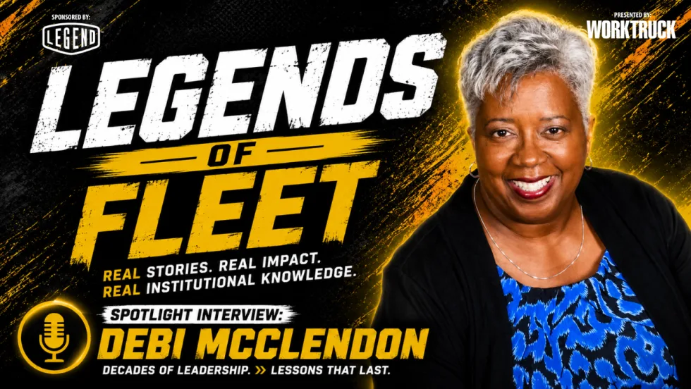 Legends of Fleet thumbnail with portrait of Debi McClendon. Text reads “Spotlight Interview: Debi McClendon, retired fleet manager.” Presented by Work Truck, sponsored by Legend.