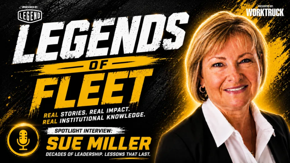 Legends of Fleet video thumbnail featuring Sue Miller’s portrait, presented by Work Truck and sponsored by Legend Fleet, highlighting a career-spanning fleet leadership interview.