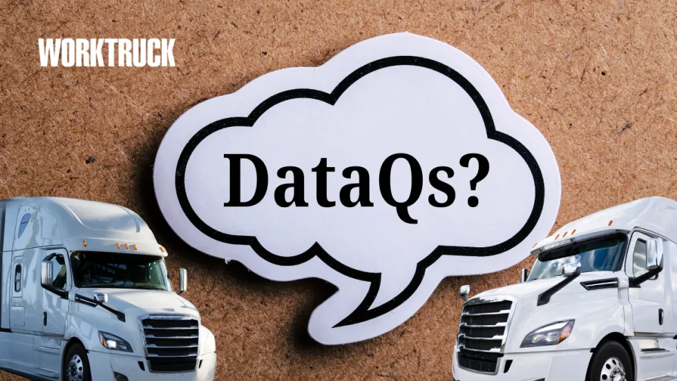 Graphic featuring a speech bubble with the text “DataQs?” centered between two white semi-trucks on a textured brown background, with the Work Truck logo in the upper left corner.