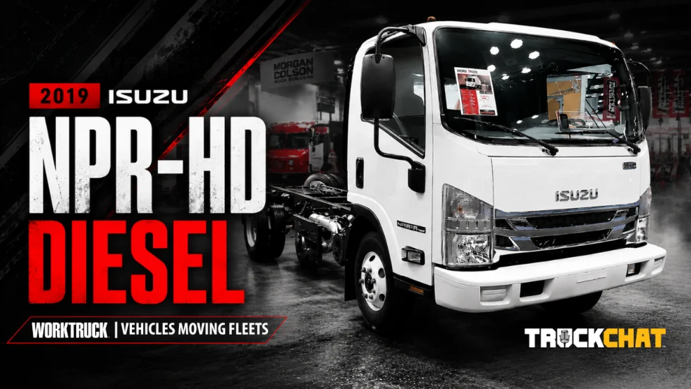 2019 Isuzu NPR-HD Diesel with red accents and Work Truck, Vehicles Moving Fleets, and Truck Chat logos