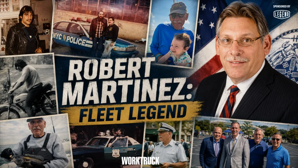 Collage-style feature image of fleet industry veteran Robert Martinez throughout different stages of his life and career, including vintage motorcycle photos, NYPD fleet operations, leadership roles, family moments, and retirement years, with bold text reading “Robert Martinez: Fleet Legend.”
