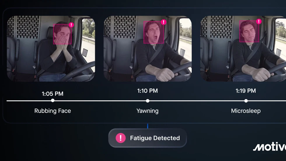 Image demonstrating Motive fatigue detection technology with in-cab camera images of a truck driver rubbing their face, yawning, and microsleeping. Timeline alerts highlight fatigue indicators, ending with a “Fatigue Detected” warning message.