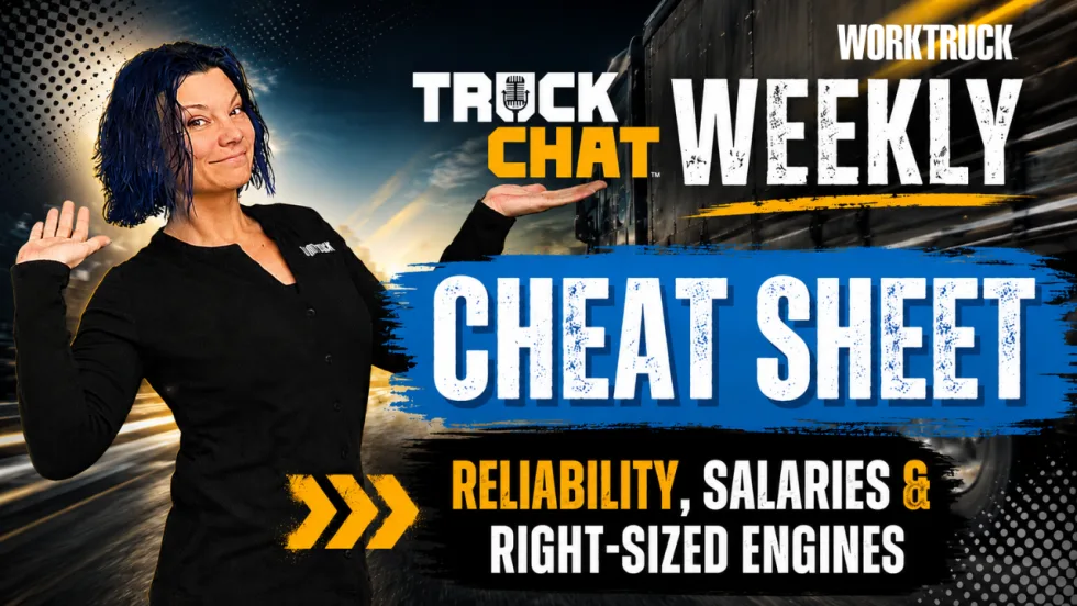 Lauren Fletcher poses beside a bold “Truck Chat Weekly Cheat Sheet” graphic featuring this week’s topics: reliability, rising fleet salaries, and right-sized engines against a moving truck background.
