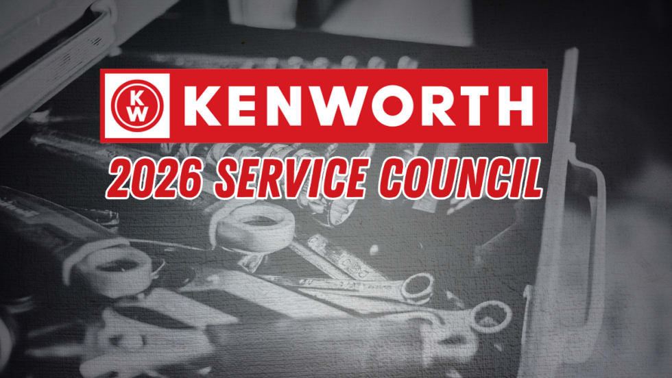 Image promoting the Kenworth 2026 Service Council featuring the Kenworth logo and bold event text over a grayscale background of mechanic tools and workshop equipment.