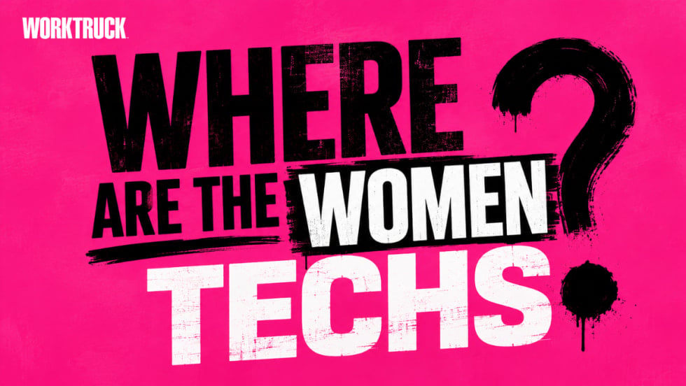 Bold pink and black graphic with large distressed text reading “Where Are the Women Techs?” highlighting the shortage of women in diesel technician roles.