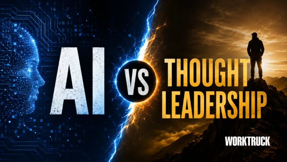 Split-screen graphic showing a glowing blue AI face and digital circuitry on one side facing off against a silhouetted human standing on a mountain at sunrise on the other, with bold text reading “AI vs Thought Leadership.”
