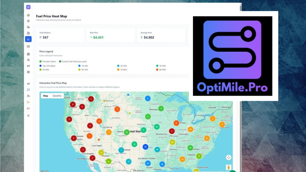Screenshot of the OptiMile.Pro platform displaying a fuel price heat map across the United States. The interface shows station pricing data, color-coded map markers, and dashboard metrics alongside the OptiMile.Pro logo.