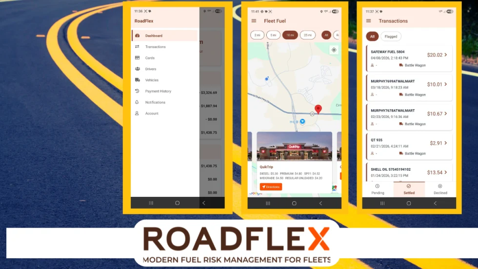 Graphic promoting the RoadFlex mobile app for fleet fuel risk management. Three smartphone screens display dashboard navigation, fuel station mapping, and transaction tracking over a highway background with the RoadFlex logo below.