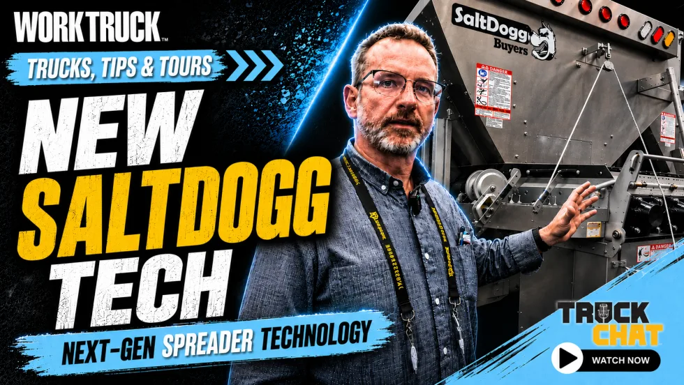 Promotional graphic for Work Truck’s “Trucks, Tips & Tours” featuring SaltDogg next-generation spreader technology. A presenter stands beside industrial salt spreading equipment with bold “New SaltDogg Tech” text and a Truck Chat “Watch Now” callout.