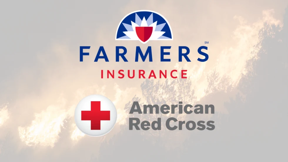 Farmers Insurance and American Red Cross logos displayed over a wildfire scene representing disaster response and recovery support efforts.