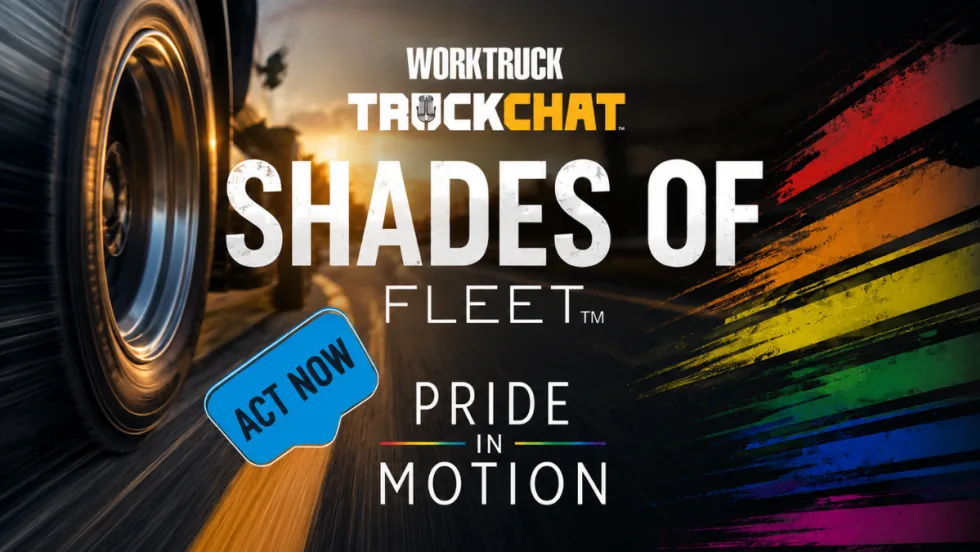 Promotional graphic for Work Truck TruckChat’s “Shades of Fleet: Pride in Motion” series featuring a close-up of a moving truck tire on a highway at sunset, bold white lettering, and subtle rainbow motion graphics on the right side.