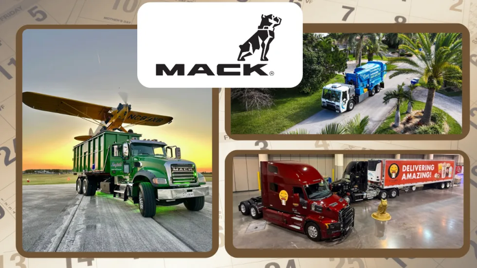 Collage featuring Mack Trucks calendar winners, including a green dump truck beside an airplane, a blue refuse truck driving through a neighborhood, and a red semi-truck with trailer displayed indoors beneath the Mack logo.