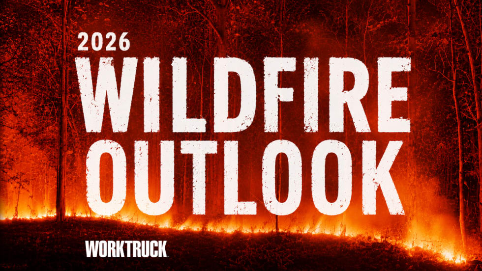 Graphic for Work Truck’s 2026 Wildfire Outlook featuring bold white text over an active forest wildfire scene, with flames spreading across wooded terrain against a red-orange sky.