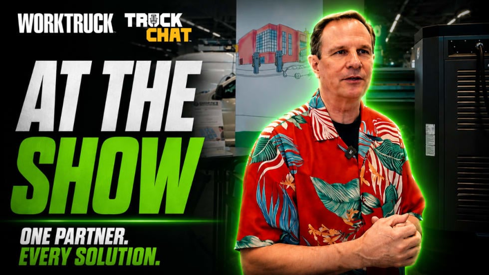 Promotional graphic for a TruckChat interview at an industry trade show featuring Mike Wade of E.J. Ward. Large text reads “At the Show” and “One Partner. Every Solution.” Wade stands beside fleet fueling or charging equipment, discussing integrated fleet technology and fuel management solutions.