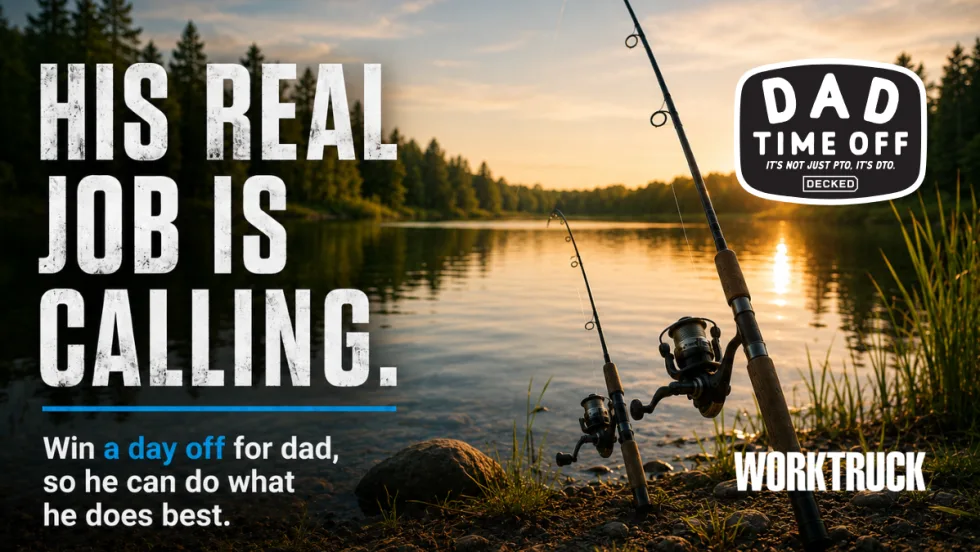 Two fishing rods, one large and one child-sized, are planted along a lakeshore at sunset beside calm water. Large distressed white text reads “His Real Job is Calling” with smaller text promoting a Father’s Day giveaway offering dads a paid day off.