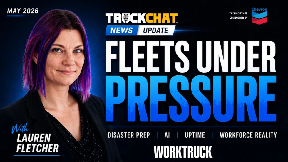 Podcast-style thumbnail featuring Lauren Fletcher with bold text reading “Fleets Under Pressure” alongside themes including disaster preparedness, AI, uptime, and workforce reality on a dark blue modern news-style background.