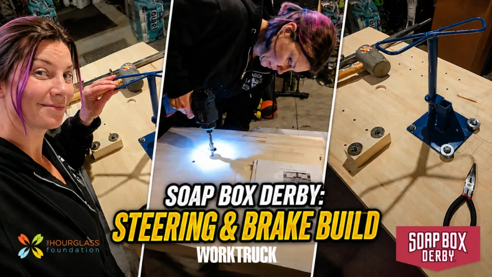 Three-panel image of a Soap Box Derby car build featuring platform assembly, steering installation, and brake system construction in a garage workshop. Text reads "Soap Box Derby: Steering & Brake Build."