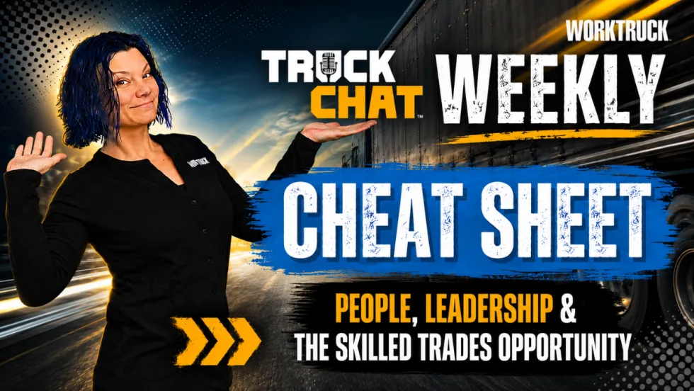 Lauren Fletcher stands beside a bold Truck Chat Weekly Cheat Sheet graphic featuring a commercial truck background and the headline "People, Leadership & the Skilled Trades Opportunity," highlighting workforce, leadership, and fleet industry news.