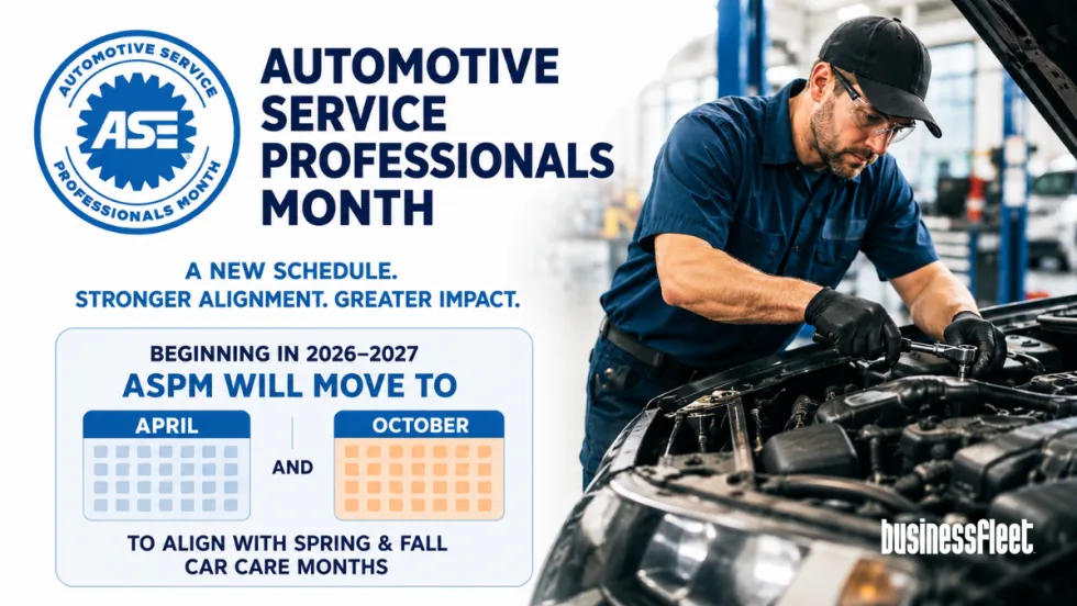 A wide promotional graphic announcing changes to Automotive Service Professionals Month. the ASE Automotive Service Professionals Month logo appears above text announcing that beginning in 2026-2027, Automotive Service Professionals Month will move to April and October to align with Spring and Fall Car Care Months.