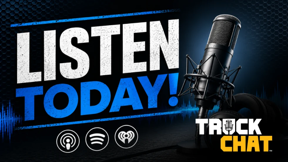 Podcast mic with LISTEN TODAY! and Truck Chat logo, as well as iHeart Radio, Spotify, and Apple Music Logos