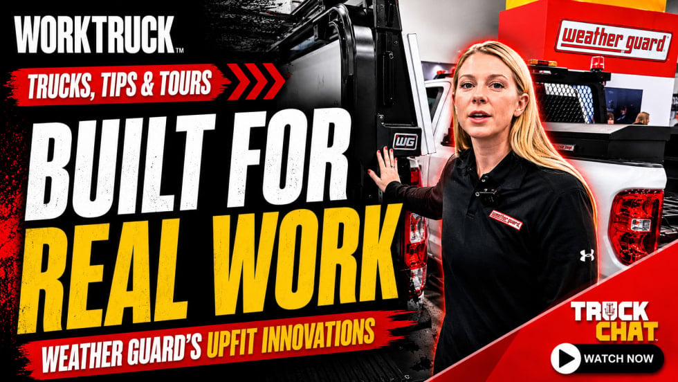 Promotional graphic for Work Truck’s “Trucks, Tips & Tours” series featuring Weather Guard. A woman stands beside an upfitted work truck, highlighting storage and equipment solutions under the headline “Built for Real Work.”